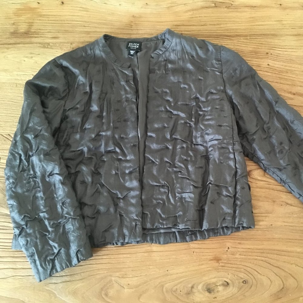 Eileen Fisher silk crinkle topper jacket brown PP